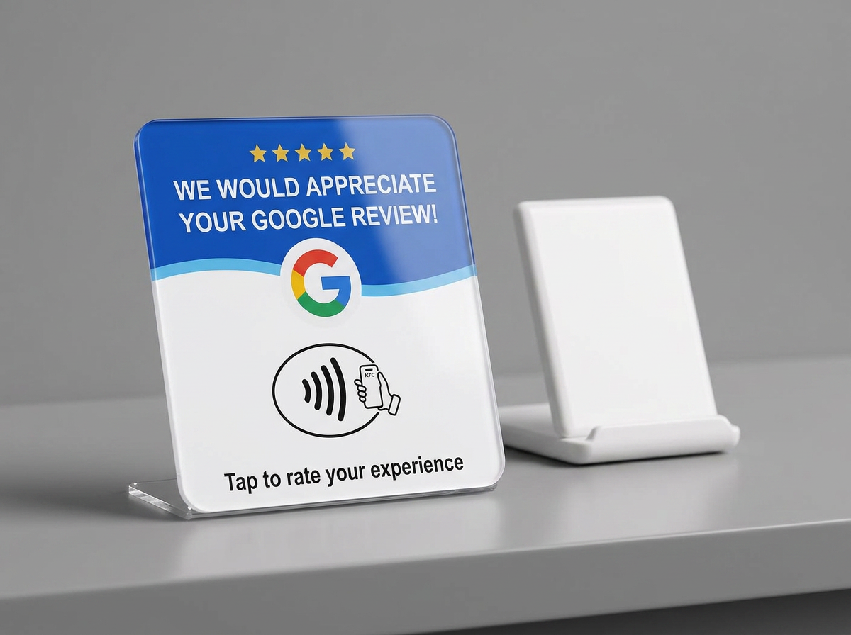 Tarjeta NFC de reseñas y display de sobremesa Zoomrev